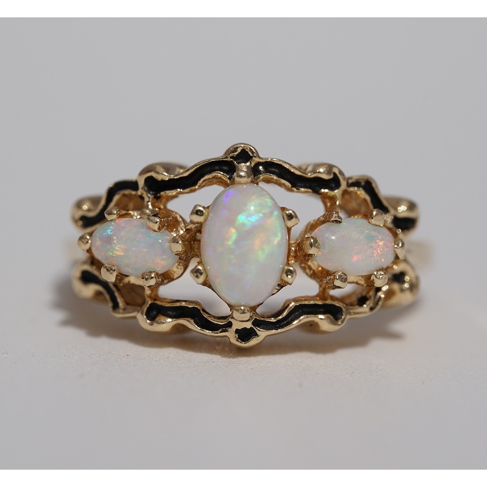 Vintage 14k Solid Yellow Gold Three Stone Natural White Opal Ring Size 5.75 4.3g - Picture 6 of 11
